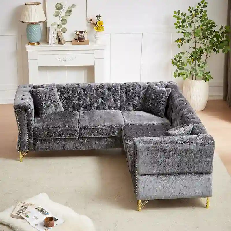 81.5 Chesterfield Chenille L-Shaped Corner Sectional Sofa with Tufted Backrest