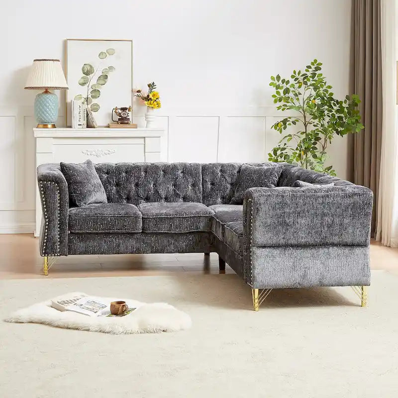 81.5 Chesterfield Chenille L-Shaped Corner Sectional Sofa with Tufted Backrest