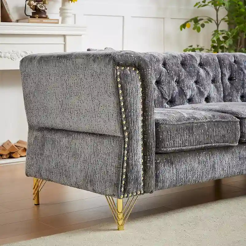 81.5 Chesterfield Chenille L-Shaped Corner Sectional Sofa with Tufted Backrest