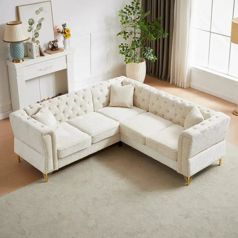 81.5 Chesterfield Chenille L-Shaped Corner Sectional Sofa with Tufted Backrest