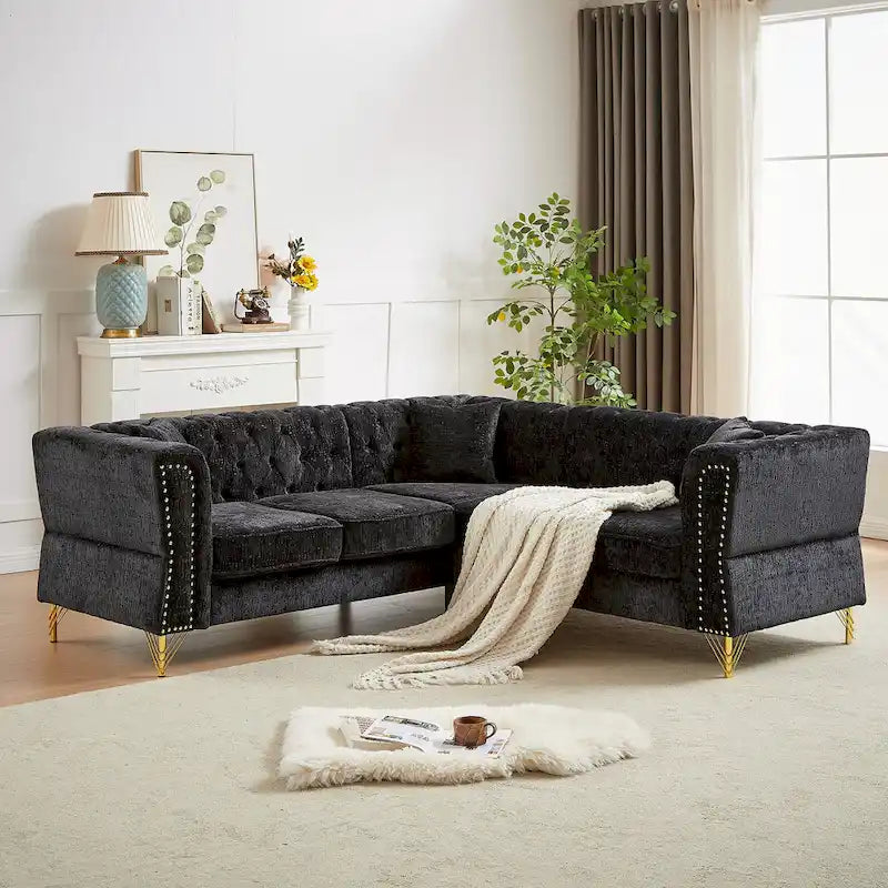 81.5 Chesterfield Chenille L-Shaped Corner Sectional Sofa with Tufted Backrest