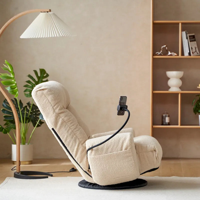Beige Boucle Swivel Recliner with Phone Holder, Adjustable Headrest, and Backrest