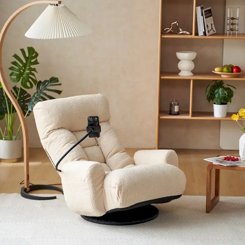 Beige Boucle Swivel Recliner with Phone Holder, Adjustable Headrest, and Backrest