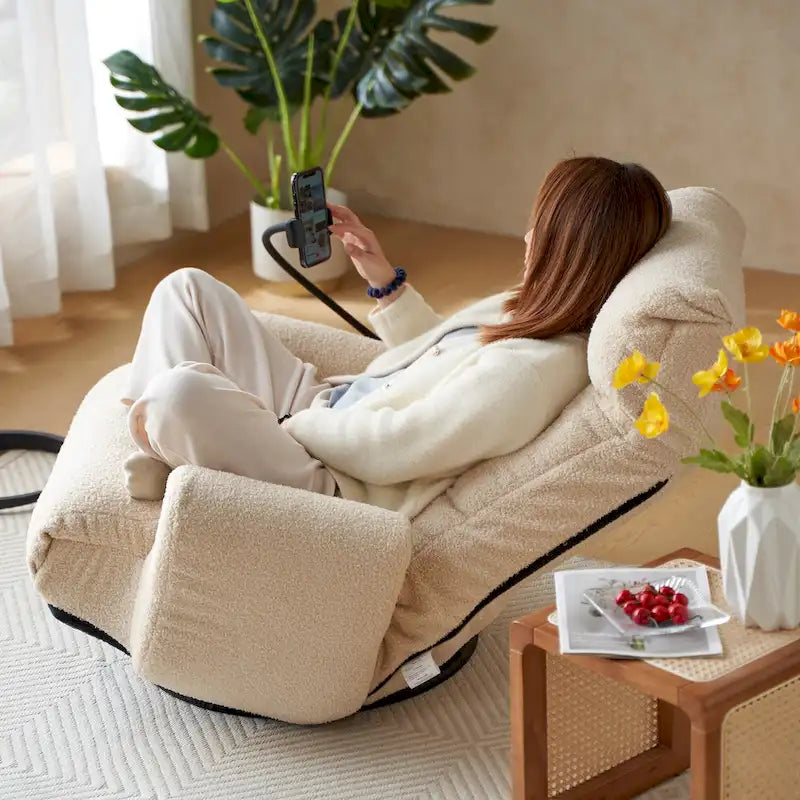 Beige Boucle Swivel Recliner with Phone Holder, Adjustable Headrest, and Backrest
