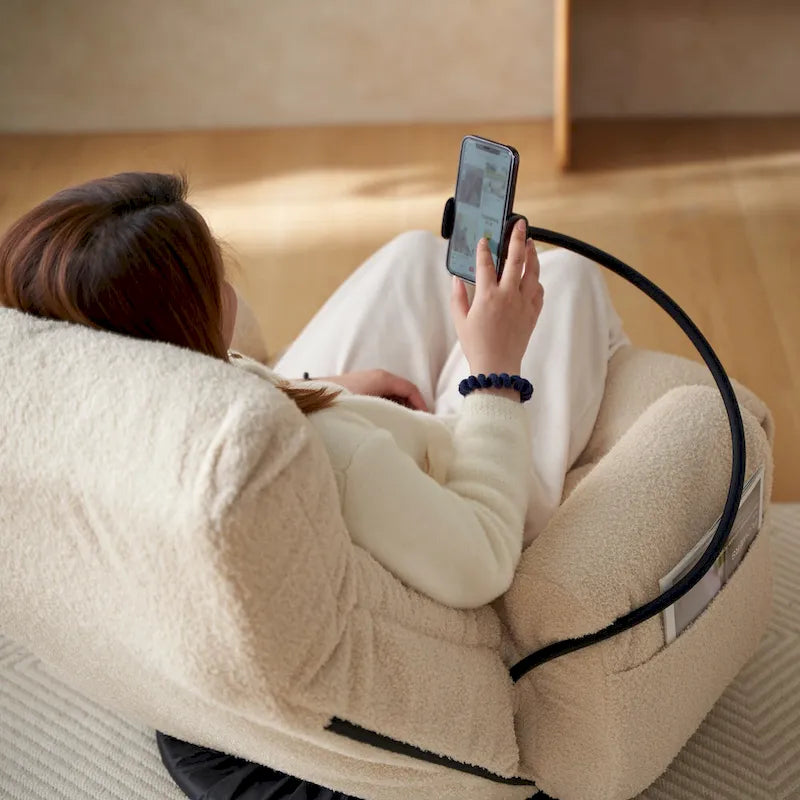 Beige Boucle Swivel Recliner with Phone Holder, Adjustable Headrest, and Backrest