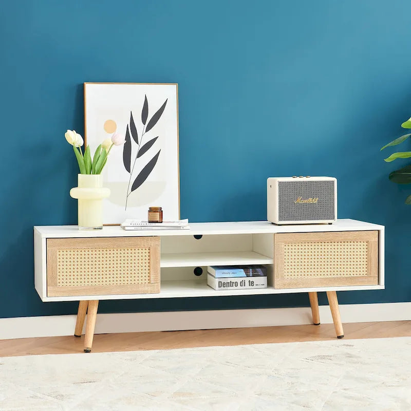 White 55.12 TV Stand with Sliding Doors, Wood Legs & Adjustable Shelf