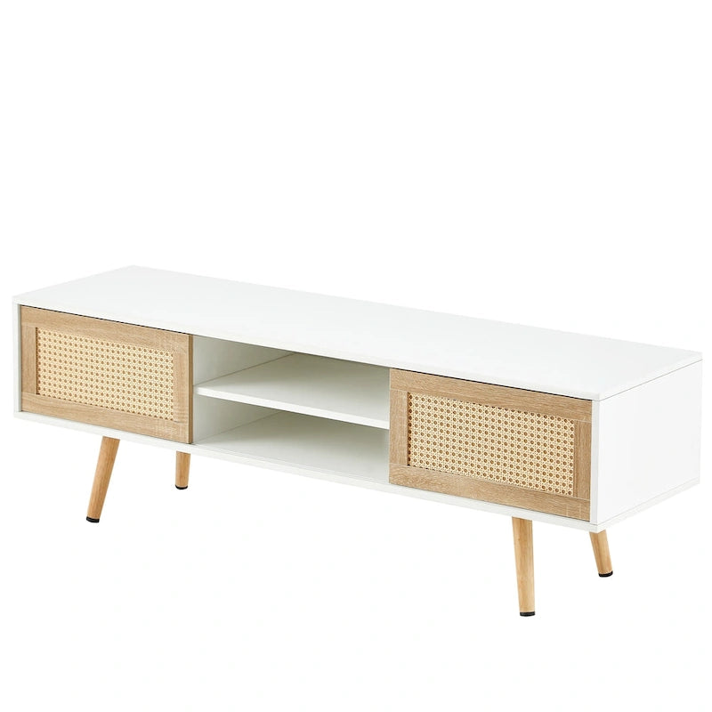 White 55.12 TV Stand with Sliding Doors, Wood Legs & Adjustable Shelf