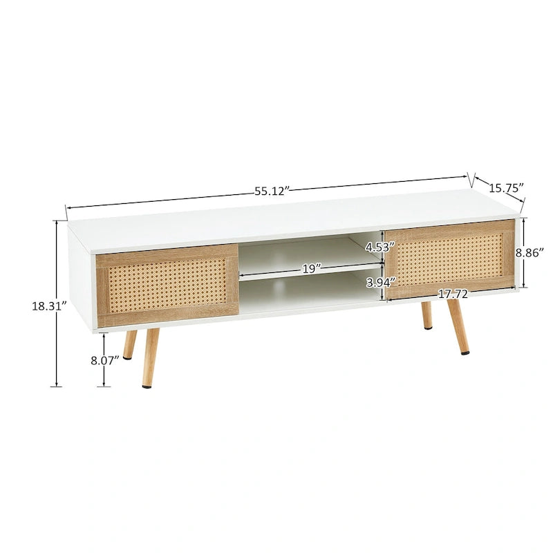White 55.12 TV Stand with Sliding Doors, Wood Legs & Adjustable Shelf