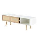 White 55.12 TV Stand with Sliding Doors, Wood Legs & Adjustable Shelf