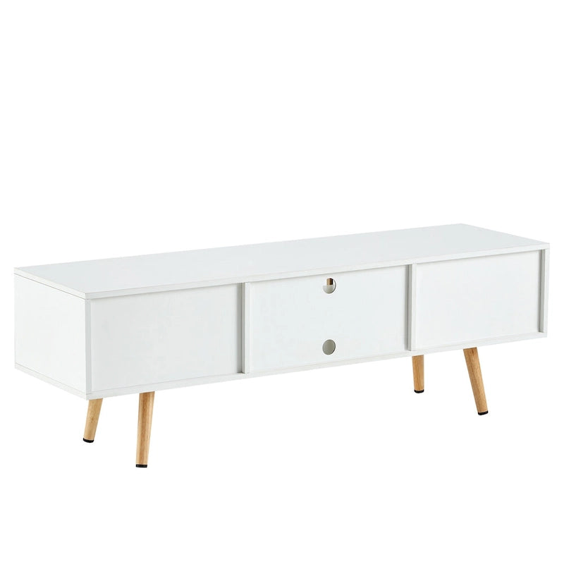 White 55.12 TV Stand with Sliding Doors, Wood Legs & Adjustable Shelf