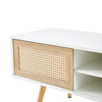 White 55.12 TV Stand with Sliding Doors, Wood Legs & Adjustable Shelf