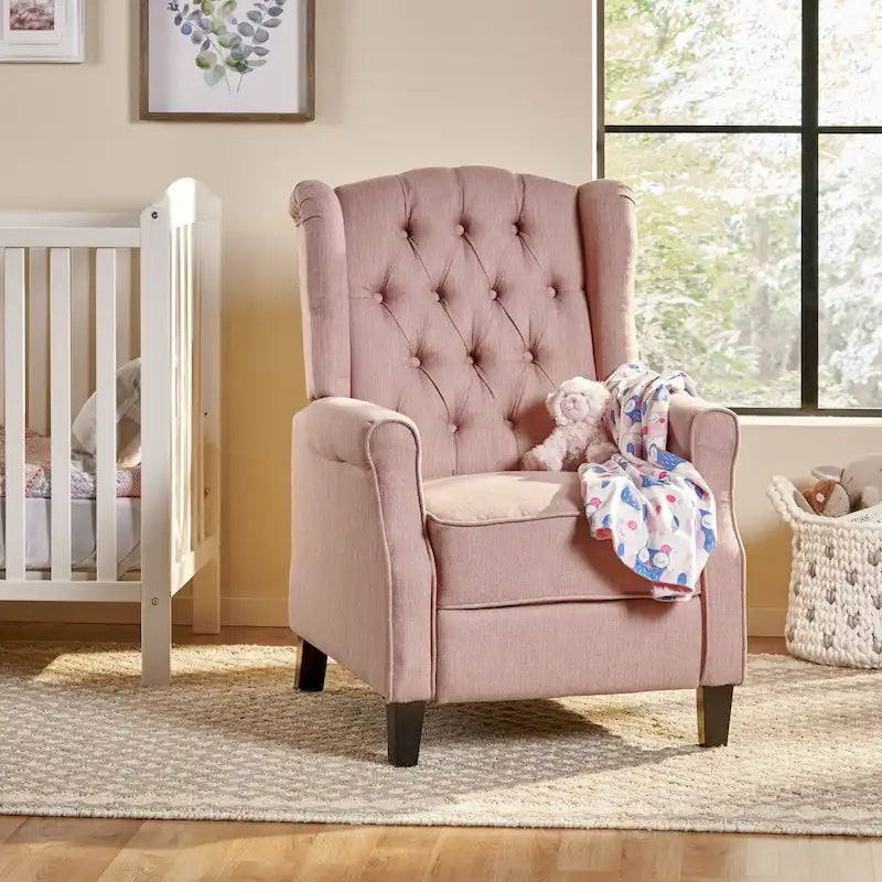Modern Wingback Push-Back Recliner with Footrest, Button-tufted, Birch Legs