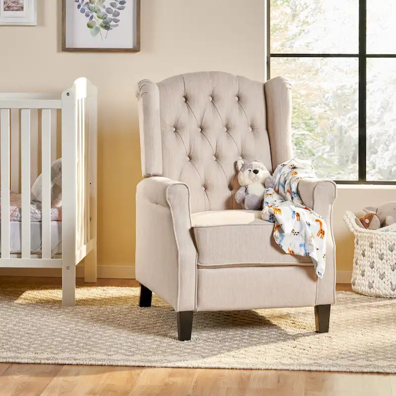 Modern Wingback Push-Back Recliner with Footrest, Button-tufted, Birch Legs