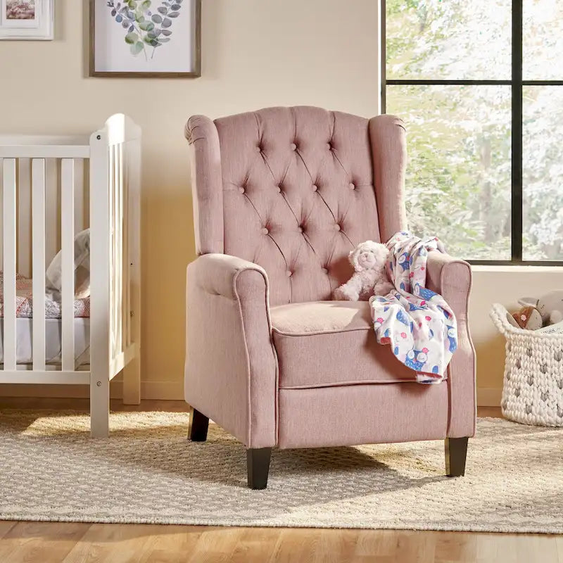 Modern Wingback Push-Back Recliner with Footrest, Button-tufted, Birch Legs