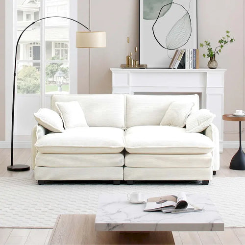 Beige 4-piece Corduroy Upholstered Modular Sleeper Sectional Sofa with 2 Removable Ottoman and 4 Pillows, Free Combination