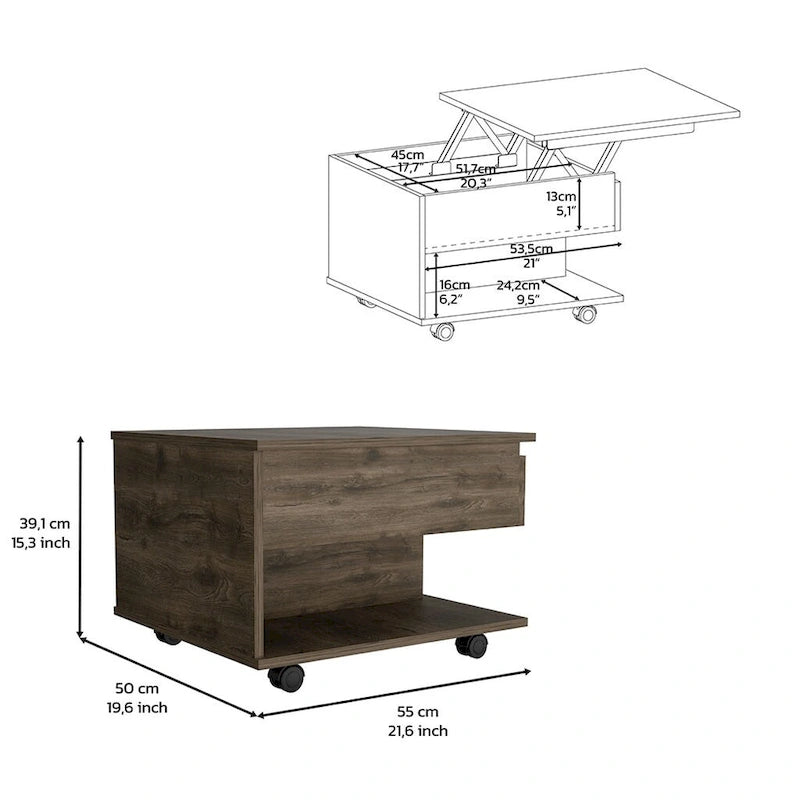 Lift Top Coffee Table for Living Room, Casters, Dark Brown Finish