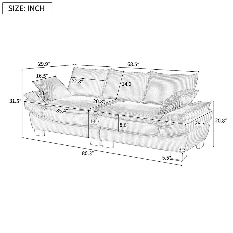 85.4 Modern Curved Sofa, Back Upholstered Couch with 2 Decorative Throw Pillows, Corduroy Fabric Couch
