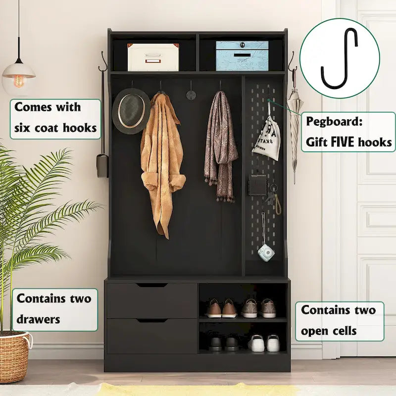Hall Tree with 6 Hooks,Coat Hanger, Entryway Bench, Storage Bench,for Entrance, Hallwa