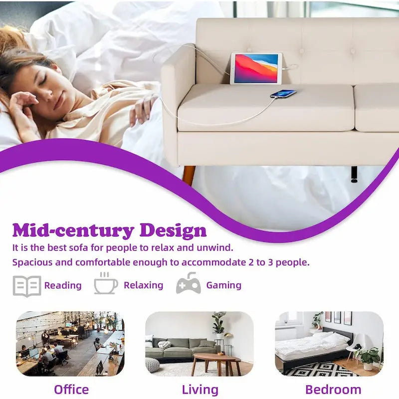 Modern 65 inch Loveseat Sofa w/ 2 USB Charging Ports