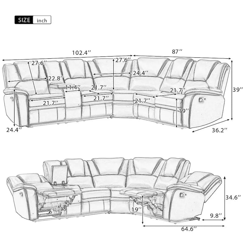 Modern Faux Leather Manual Reclining with Center Console with LED Light Strip,Living Room Furniture Set,PU Symmetrical Couch