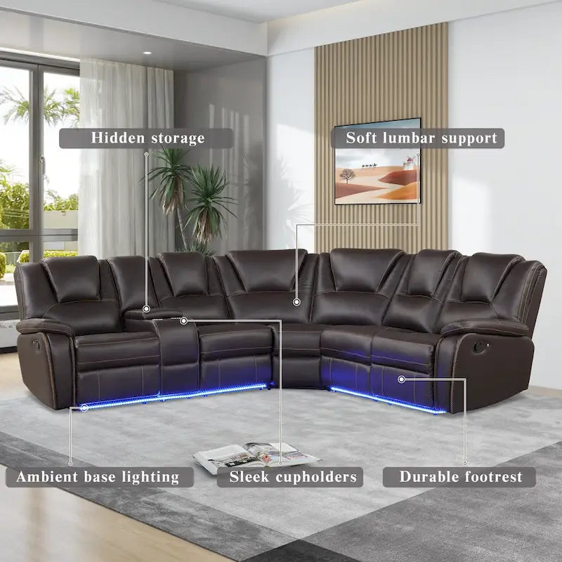 Modern Faux Leather Manual Reclining with Center Console with LED Light Strip,Living Room Furniture Set,PU Symmetrical Couch
