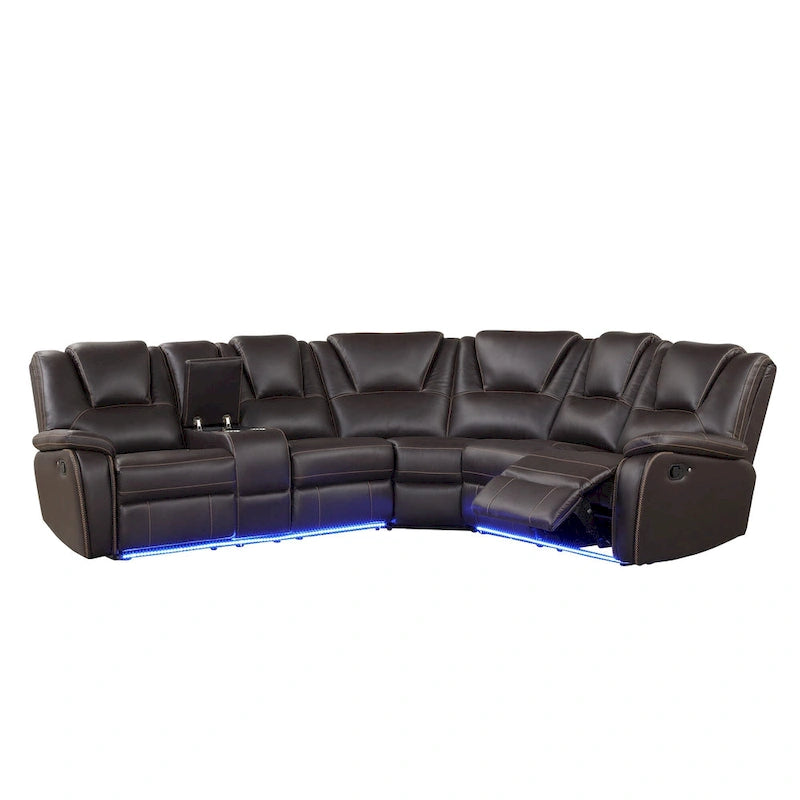 Modern Faux Leather Manual Reclining with Center Console with LED Light Strip,Living Room Furniture Set,PU Symmetrical Couch