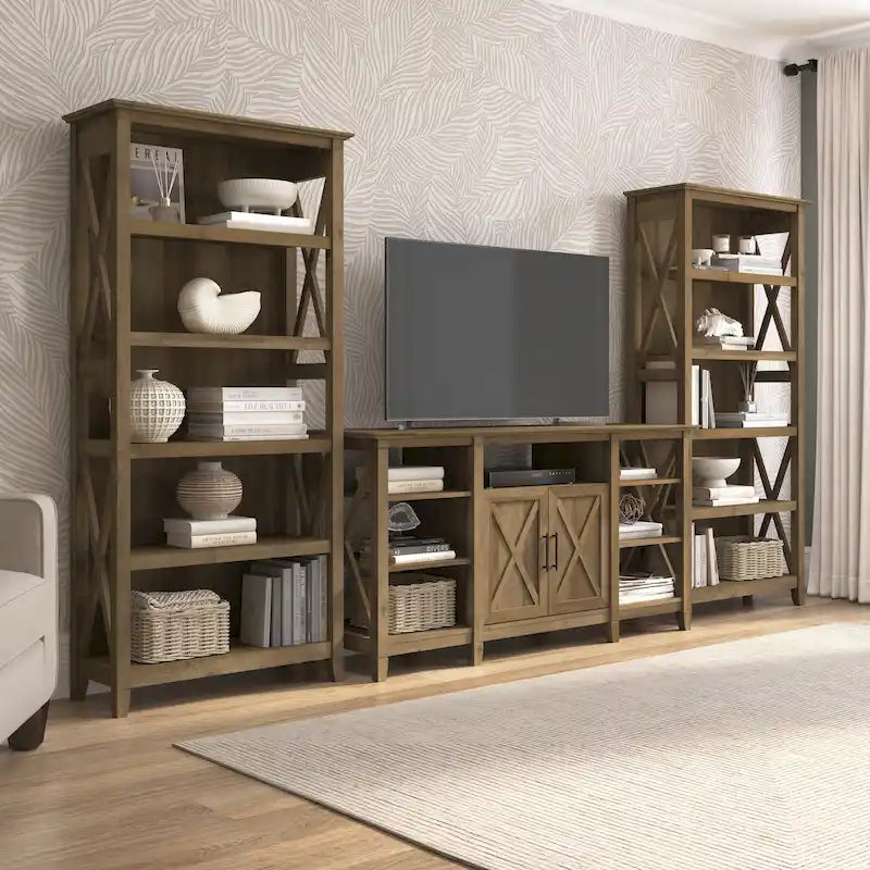 Tall Farmhouse TV Stand with 2 Bookcases by Bush Furniture