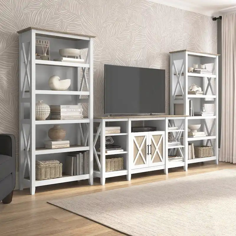 Tall Farmhouse TV Stand with 2 Bookcases by Bush Furniture