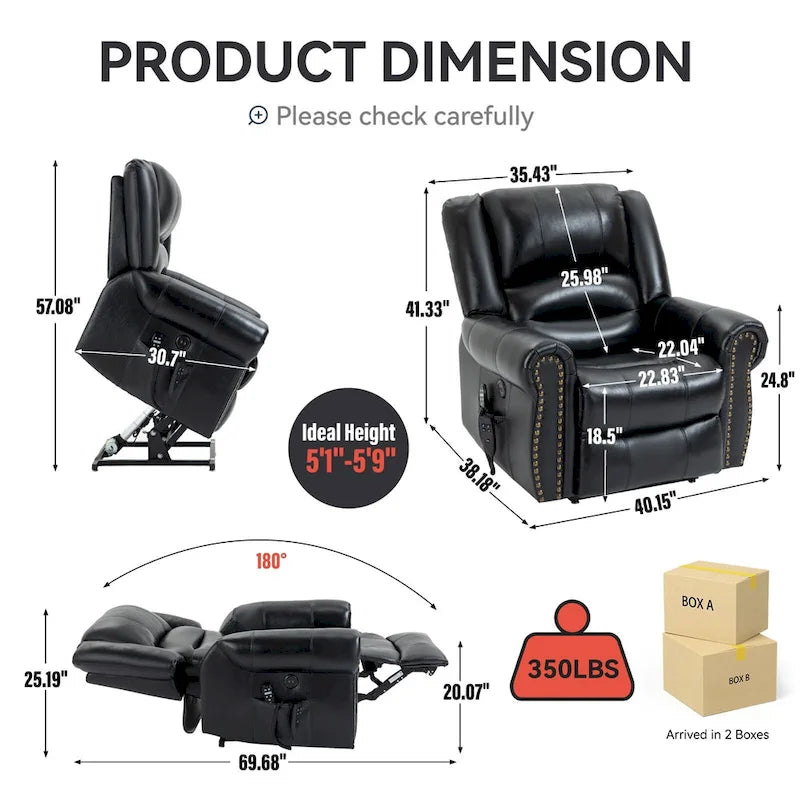 Genuine Leather Power Lift Recliner Chair with Massage and Lumbar Heat, USB Ports