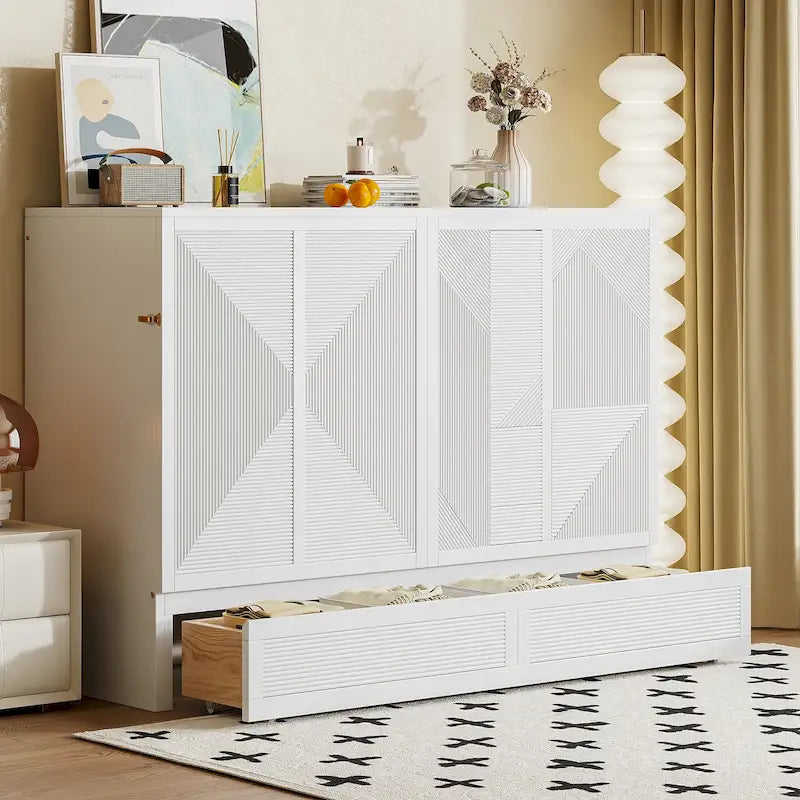 Queen Size Murphy Bed with Large Drawer,USB Ports and Outlets