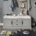 Modern Storage Bench with 2 Storage Drawers and 2 Cabinet Doors, Removable Cushion for Home Entryway and Lounge