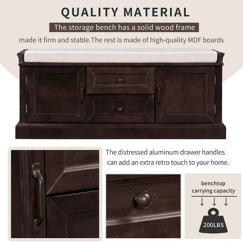 Modern Storage Bench with 2 Storage Drawers and 2 Cabinet Doors, Removable Cushion for Home Entryway and Lounge