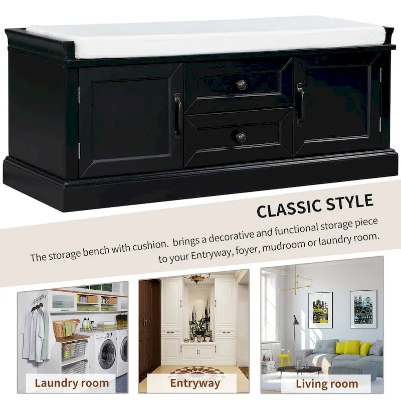 Modern Storage Bench with 2 Storage Drawers and 2 Cabinet Doors, Removable Cushion for Home Entryway and Lounge