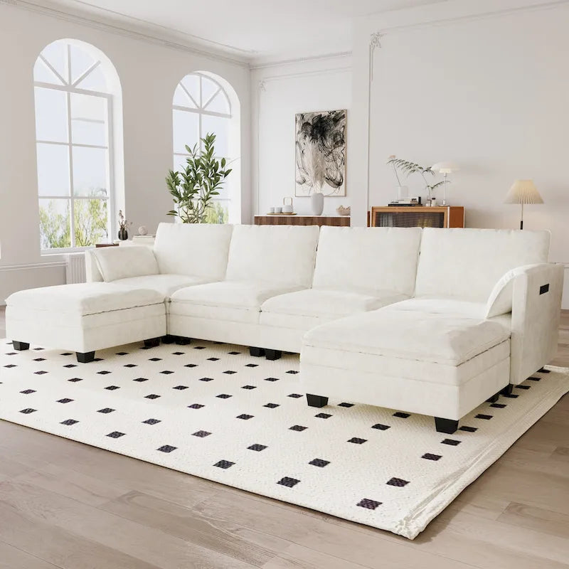 Christopher Knight Home - Noah 141.5 U-Shaped 6-Seater Sofa Couch with Movable Ottoman and Armrest Pockets, Fabric Upholstery