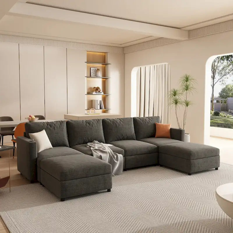 Christopher Knight Home - Stellar Modular U-Shaped Sectional Sofa Bed with Storage, 6 Seats, Ottoman, and Chenille Fabric