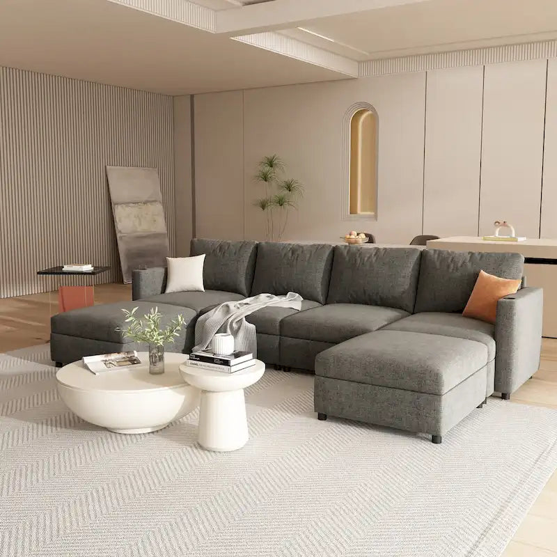 Christopher Knight Home - Stellar Modular U-Shaped Sectional Sofa Bed with Storage, 6 Seats, Ottoman, and Chenille Fabric