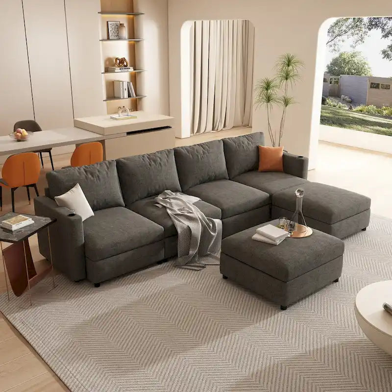 Christopher Knight Home - Stellar Modular U-Shaped Sectional Sofa Bed with Storage, 6 Seats, Ottoman, and Chenille Fabric