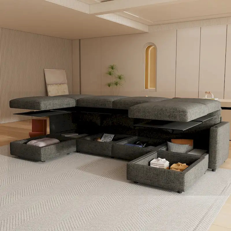 Christopher Knight Home - Stellar Modular U-Shaped Sectional Sofa Bed with Storage, 6 Seats, Ottoman, and Chenille Fabric