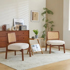 -Alma (Set of 2) Modern Beige Lounge Chair with Woven Backrest, Sturdy Wooden Frame