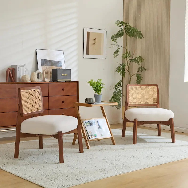  -Alma (Set of 2) Modern Beige Lounge Chair with Woven Backrest, Sturdy Wooden Frame