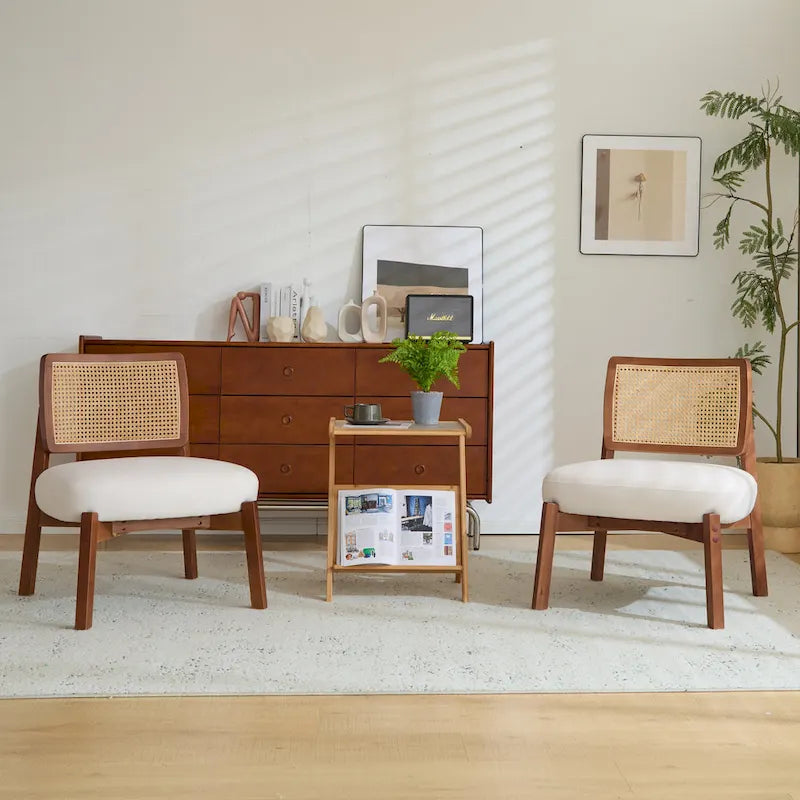 -Alma (Set of 2) Modern Beige Lounge Chair with Woven Backrest, Sturdy Wooden Frame