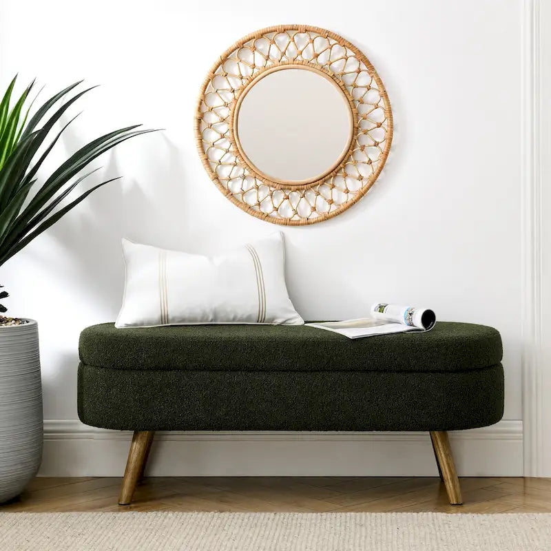 43.5 in. Oval Bedroom Bench Linen Fabric Upholstered Storage Ottoman Bench with Solid Wood Legs Entryway Bench