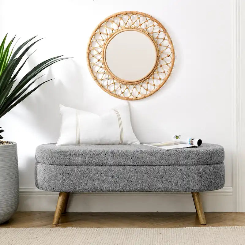 43.5 in. Oval Bedroom Bench Linen Fabric Upholstered Storage Ottoman Bench with Solid Wood Legs Entryway Bench
