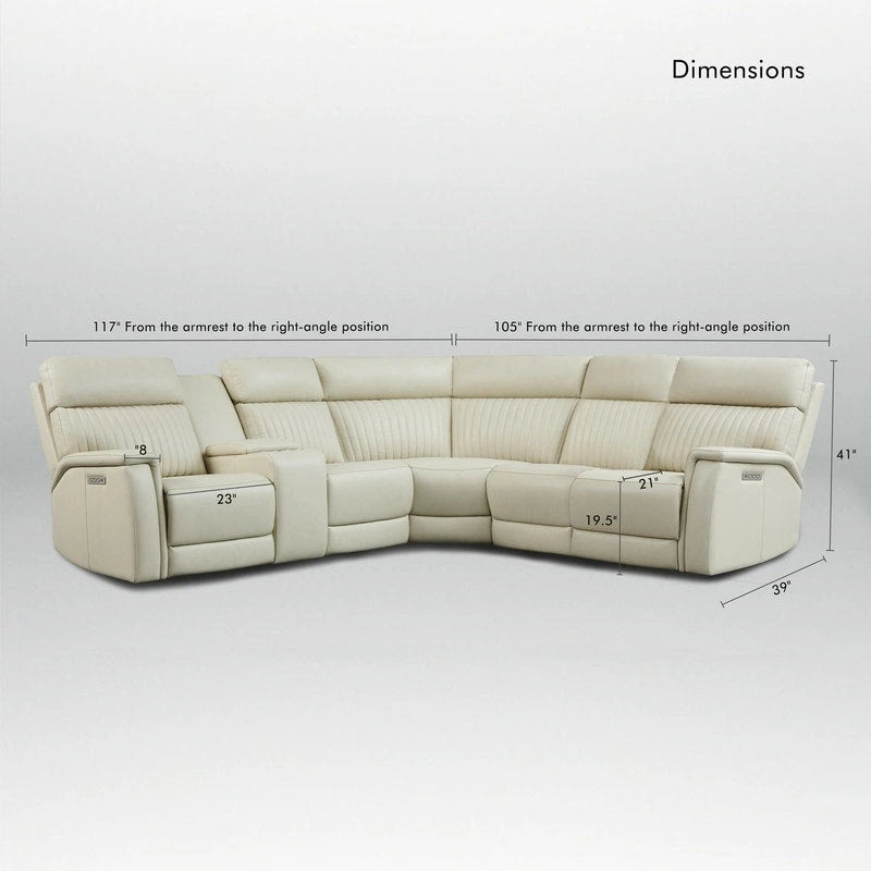 Genuine Leather Power Recliner Sectional Sofa with Console, Ajustable Headrest, USB&USB-C Port, 1 Power Armlesschair