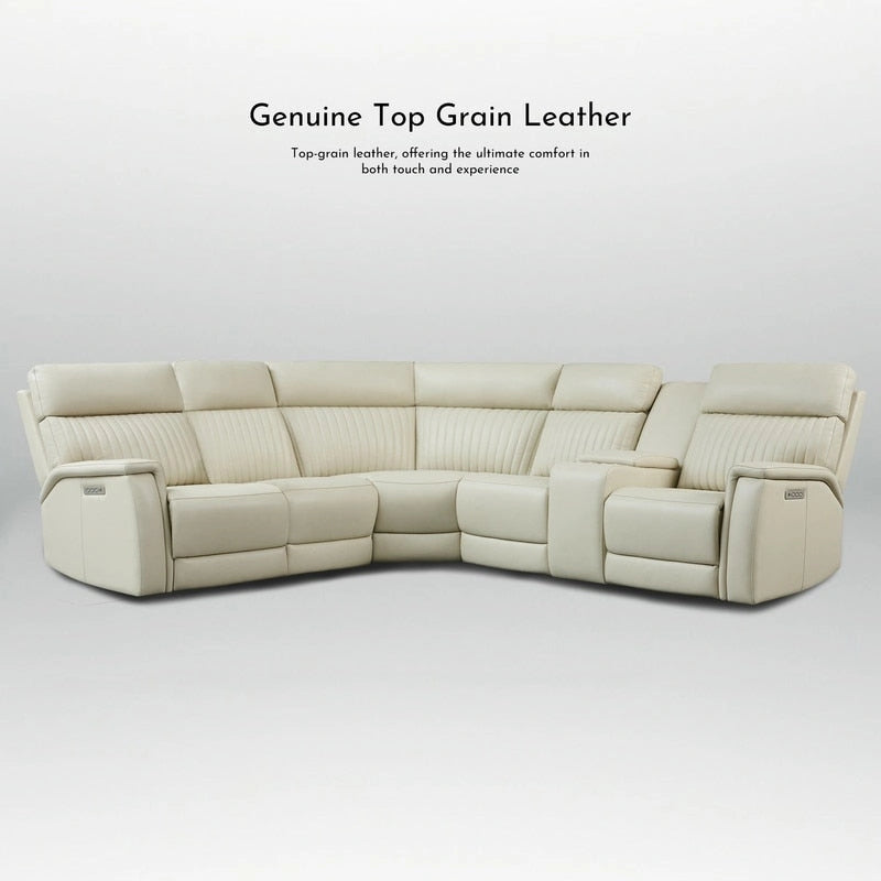 Genuine Leather Power Recliner Sectional Sofa with Console, Ajustable Headrest, USB&USB-C Port, 1 Power Armlesschair