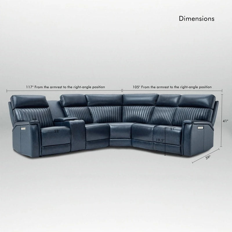 Genuine Leather Power Recliner Sectional Sofa with Console, Ajustable Headrest, USB&USB-C Port, 1 Power Armlesschair