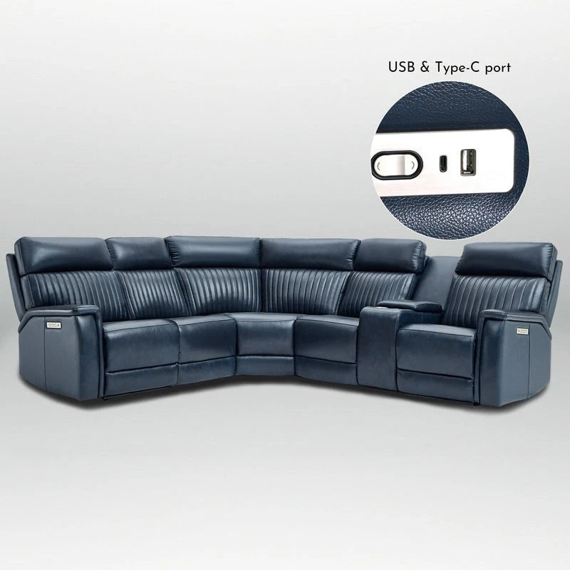 Genuine Leather Power Recliner Sectional Sofa with Console, Ajustable Headrest, USB&USB-C Port, 1 Power Armlesschair