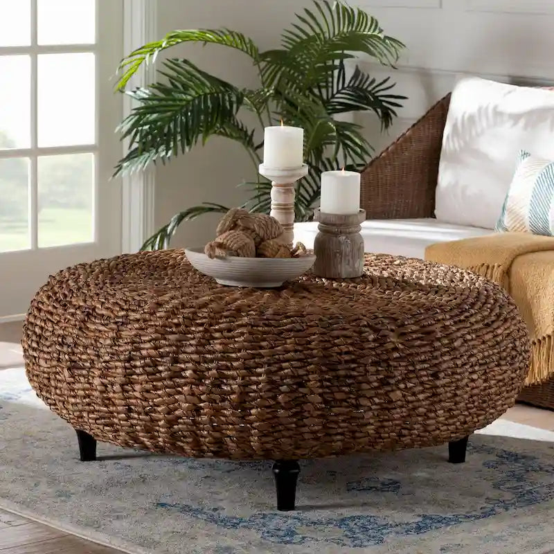 Riau Handwoven Seagrass Coffee Table with Wooden Legs - Natural Wicker Round Living Room Table for Living Room or Bedroom Dcor