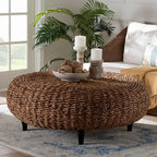 Riau Handwoven Seagrass Coffee Table with Wooden Legs - Natural Wicker Round Living Room Table for Living Room or Bedroom Dcor