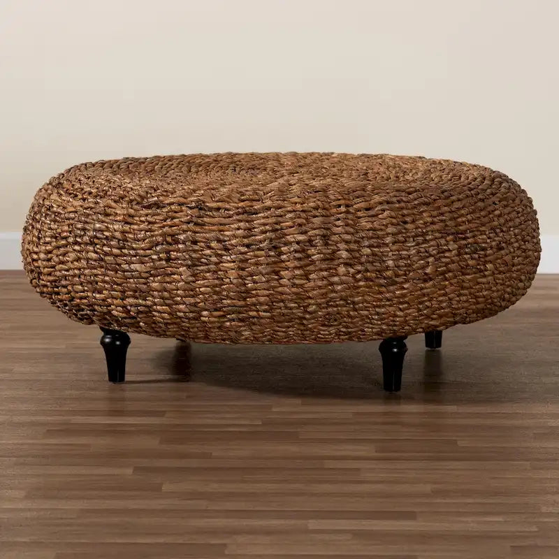 Riau Handwoven Seagrass Coffee Table with Wooden Legs - Natural Wicker Round Living Room Table for Living Room or Bedroom Dcor